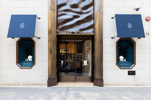 Chicago, IL, USA - March 30, 2021: The exterior of a Harry Winston storefront on Rush Street in downtown Chicago.