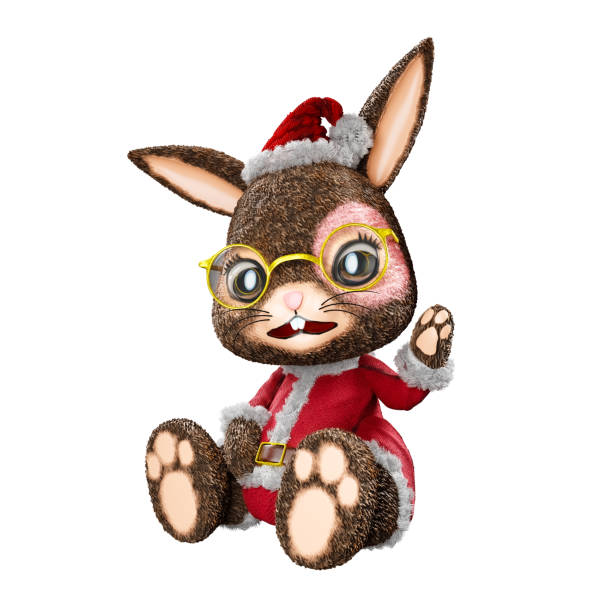 A Christmas-themed 3D illustration rendering features a fluffy rabbit doll dressed as Santa.