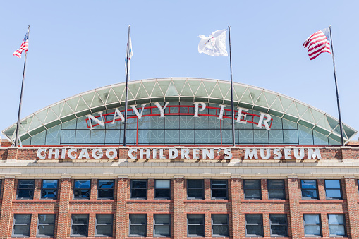 Chicago, IL, USA - April 2, 2021: Navy Pier is one of the most popular tourist landmarks in Chicago that features restaurants and entertainment.