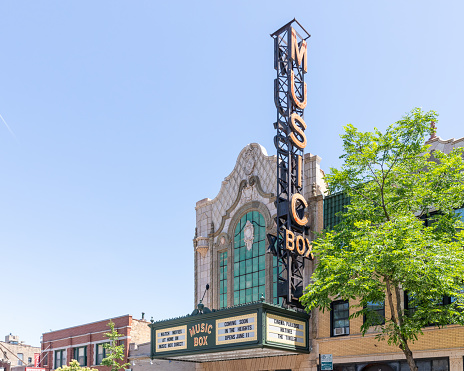 Chicago, IL, USA - June 6, 2021: Music Box Theater is a movie theater offering independent films, midnight movies, and festivals. The building is located on Southport in the Lakeview neighborhood.