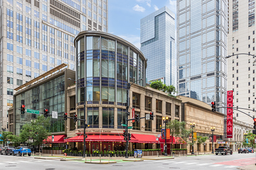 Modern buildings in downtown Chicago with American flag