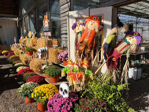 Worcester, USA - October 15, 2022. Flowers and merchandise on display for sale at O & F Farms, Worcester, Pennsylvania, USA