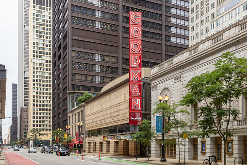 Chicago, IL, USA - July 1, 2022: The Goodman Theatre is a professional theater company in downtown Chicago and one of the oldest active non-profit theater organizations.