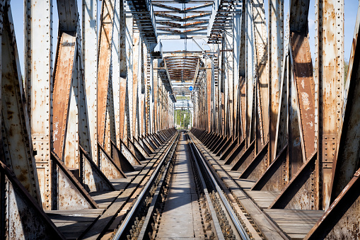 Old steel railway bridge on the Oder river in Szczecin, Poland