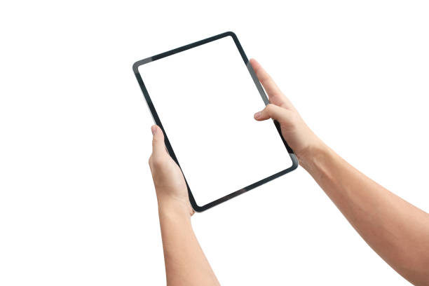 Hand holding tablet with blank screen isolated on white background