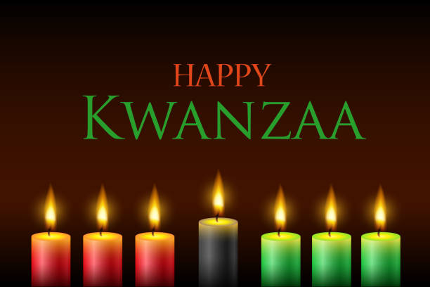 illustrations, cliparts, dessins animés et icônes de sept bougies allumées avec des flammes avec le texte happy kwanzaa sur un fond sombre. - kwanzaa