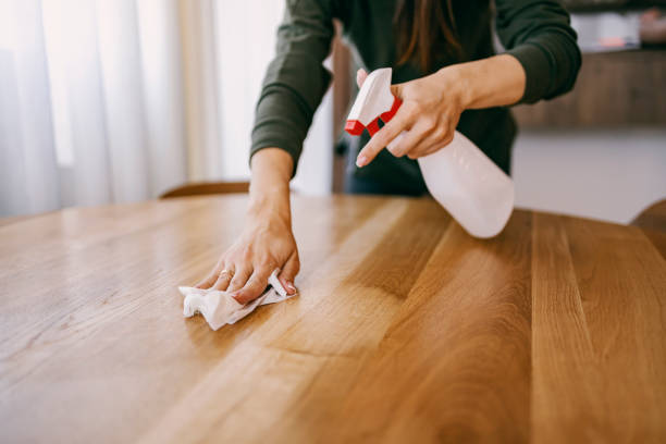 istock Female's hands cleaning kitchen table with cloth and detergent. 1449846020
