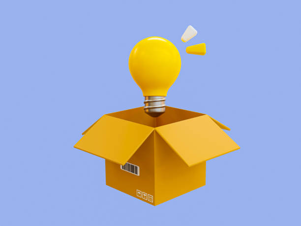 istock 3d minimal cardbox with a lightbulb. Innovative and creative icon. Spark creative ideas. create better ideas. come up with a new thing. 3d illustration. 1449851158