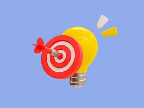 3d minimal Spark creative ideas. Innovative and creative icon. financial target goal concept. business strategy achievement. dartboard with a lightbulb. 3d illustration.