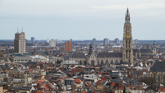 Antwerp, Belgium, Aerial city view with a high church