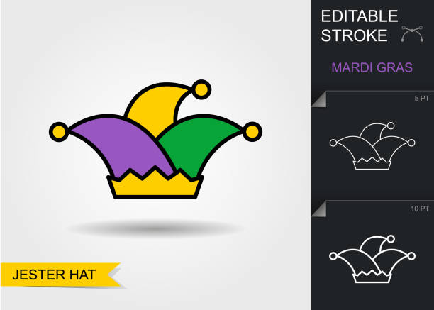 Jester hat. Line icon with editable stroke with shadow Jester hat. Outline icon with editable stroke. Linear Mardi Gras Symbol with shadow circus clown carnival harlequin stock illustrations