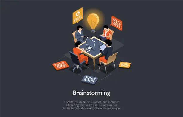 Vector illustration of Concept Of Brainstorming, Effective Meeting Discussion And Creative Teamwork. Team Members Are Working On New Project. People Working Together And Discover Solution. Isometric 3d Vector Illustration