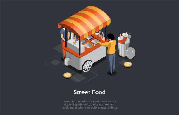 Vector illustration of Concept Of Street Food. Modern Food Cart, Seller Preparing For Customer Man Buying Some Food And Drinks Or Ice Cream Outdoor. Fast Food Truck Store On Wheels. Isometric 3d Cartoon Vector Illustration