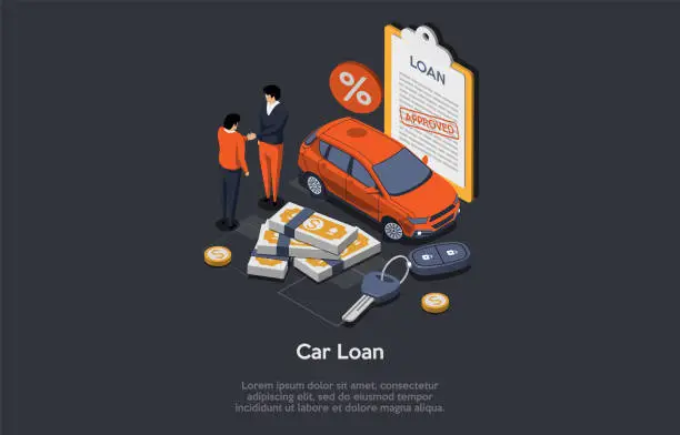 Vector illustration of Car Loan Concept. Successful Car Purchase Transaction. Businessmen Shaking Hands. Customer Got Key From New Car From Car Dealership. Man Signs An Approved Contract. Isometric 3D Vector Illustration