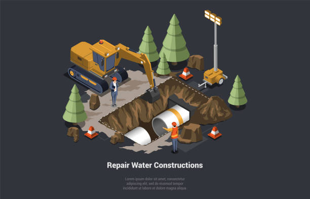 ilustrações de stock, clip art, desenhos animados e ícones de broken sewer and water supply. pipeline for various purposes. city engineering network. utility services repairing pipeline of sewerage. underground part of system. isometric 3d vector illustration - water pipe sewer pipeline leaking