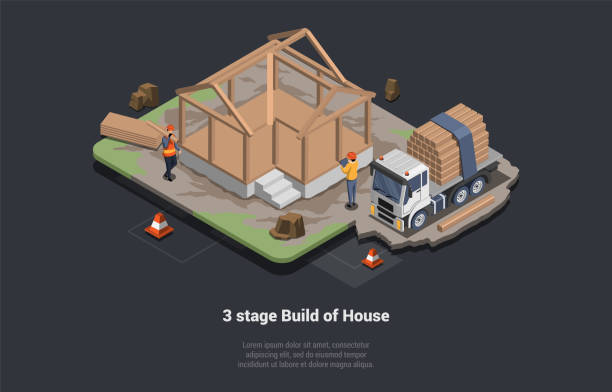 住宅建設段階と基礎工事のコンセプト。木製の梁を使って家の壁や屋根を作る建設作業員。コテージの建物の建設プロセス。アイソメトリック3dベクターイラスト - pit house点のイラスト素材／クリップアート素材／マンガ素材／アイコン素材