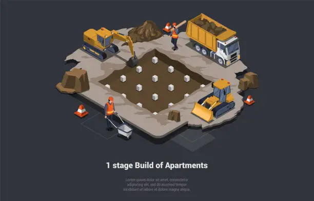 Vector illustration of Concept Of House Building Stages And Foundation Work. Engineers, Architects And Workers Are Digging Foundation Pit Using Excavator, Dump Truck And Bulldozer. Isometric 3D Cartoon Vector Illustration