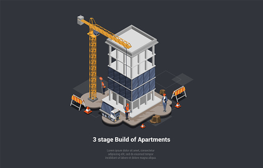 Stages Of Construction Multistory Building And Glazing. Construction Workers Attach Windows to Skyscraper Walls Using Tower Crane And Truck And Modern Technologies. Isometric 3D Vector Illustration.