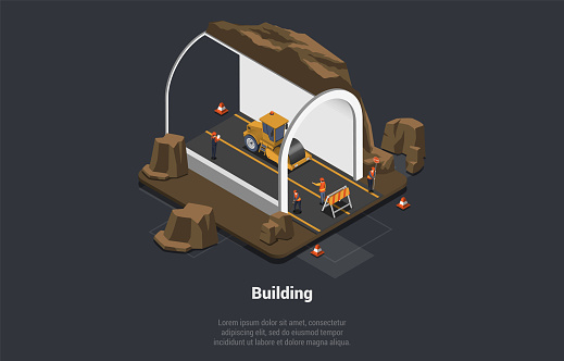 Tunnel Construction Composition Concept. Characters Building Autobahn Or Highway Through Mountains. People Lay Asphalt Using Asphalt Roller Industrial Heavy Machinery. Isometric 3d Vector Illustration.