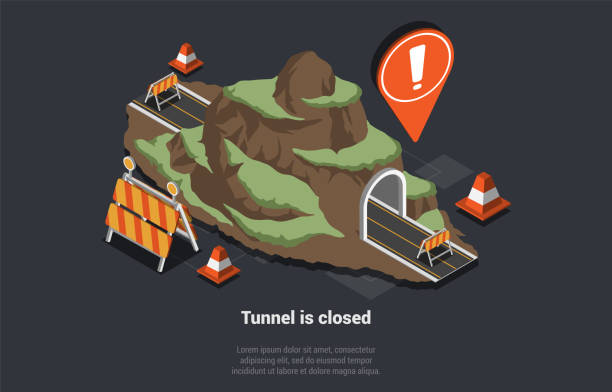 ilustraciones, imágenes clip art, dibujos animados e iconos de stock de obras viales, composición de construcción de túneles. túnel cerrado por razones de reparación del firme de la carretera. señales de construcción de carreteras, bloqueo, desvío, conos de tráfico, subterráneo. ilustración vectorial 3d isométrica - highway underground corridor street