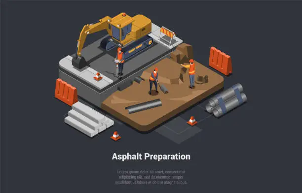 Vector illustration of Road Works, Construction Industry And Asphalt Paving. Men Workers Laying Pipes, Making Asphalt Preparations Using Heavy Asphalting Machinery And Excavator. Isometric 3d Cartoon Vector Illustration
