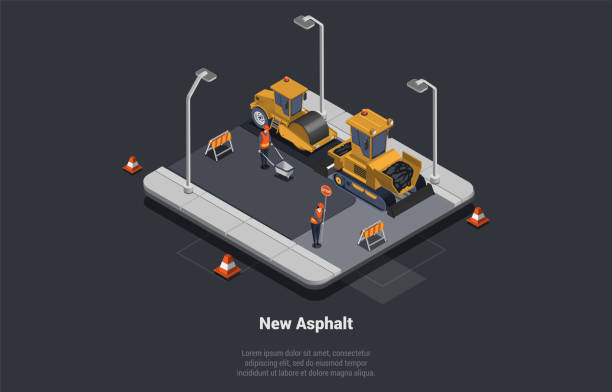 illustrazioni stock, clip art, cartoni animati e icone di tendenza di lavori stradali, edilizia e pavimentazione in asfalto. lavoratori che pavimentano l'asfalto, facendo preparazioni di asfalto utilizzando macchinari pesanti per asfaltare rullo e finitrice per asfalto. illustrazione vettoriale 3d isometrica - musica industrial