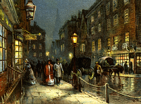 London : Rainy street at night with people and carriages...Vintage engraving circa late 19th century, Published in ''The illustred London News Diamond Jubilee,1897'' 
Digital restoration by Pictore.