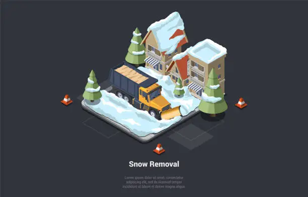 Vector illustration of Concept Of Snow Removal Service. Winter Highway Snowplow Truck And Snow Cleaning Service Removes Snow And Ice From The Street Near Hotel And Residential Area. Isometric 3d Cartoon Vector Illustration