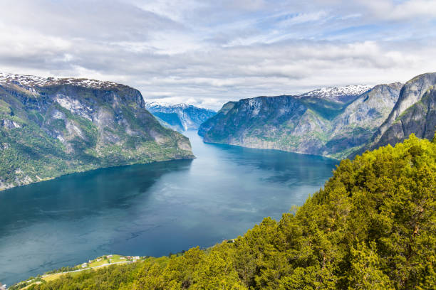 Beautiful panorama of the Aurlandsfjord in Norway as seen from the Stegastein view point Beautiful panorama of the Aurlandsfjord in Norway as seen from the Stegastein view point stegastein viewpoint stock pictures, royalty-free photos & images