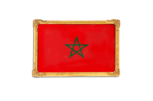 golden wooden frame with painted Morocco flag isolated on white