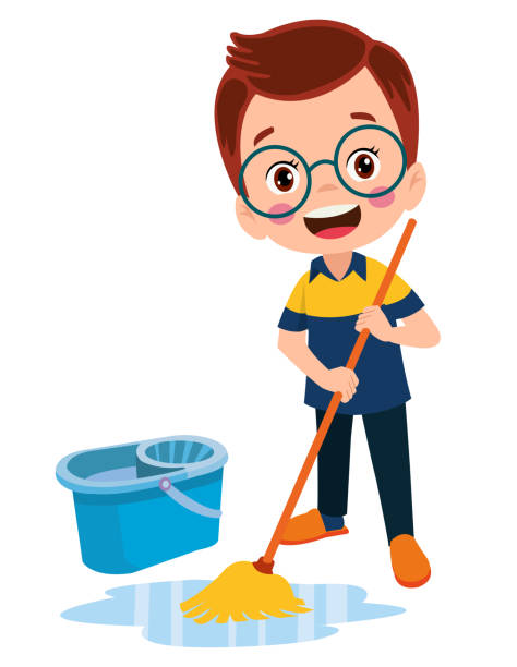 ilustrações de stock, clip art, desenhos animados e ícones de cute little boy cleaning with mop - domestic room child cartoon little boys