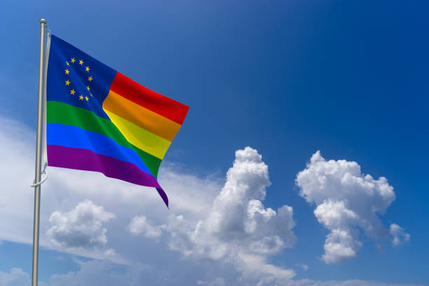 istock Rainbow Colors European Union Flag over Blue Sky Background. 3D Illustration 1449862952