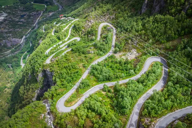 Photo of Aerial drone view of the windy road Lysevegen down to the Lysefjorden in Norway on a beautiful summer day