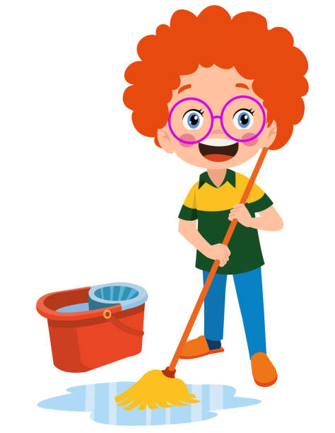 ilustrações de stock, clip art, desenhos animados e ícones de cute little boy cleaning with mop - domestic room child cartoon little boys