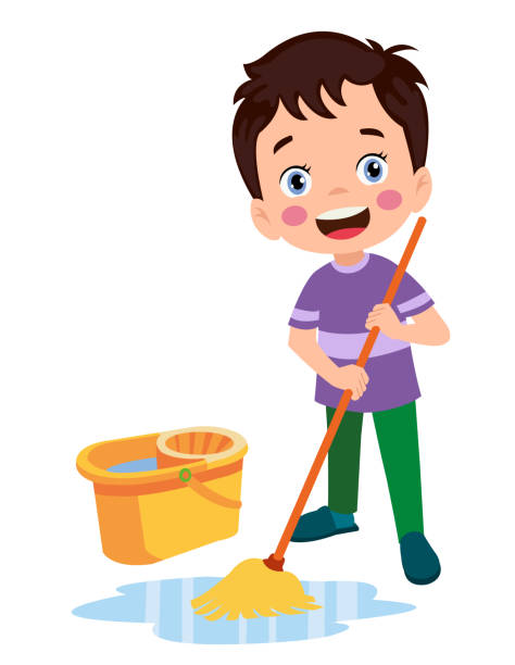 ilustrações de stock, clip art, desenhos animados e ícones de cute little boy cleaning with mop - domestic room child cartoon little boys