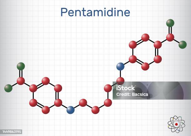 ペンタミジン分子抗菌薬抗真菌薬ですhivに感染した患者のニューモシスチス肺炎の治療に使用されます分子モデルケージの中の一枚の紙 アイコンの