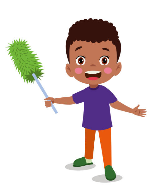 ilustrações de stock, clip art, desenhos animados e ícones de cute little boy with cleaning brush - domestic room child cartoon little boys