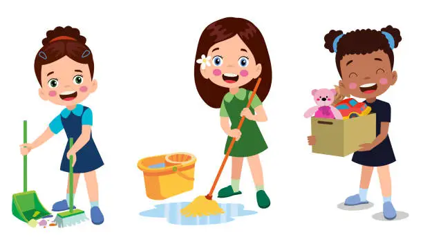 Vector illustration of Vector Cartoon kids cleaning at home set Children in various cleaning positions