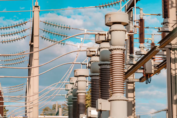 Current and voltage converter for an electrical substation. Dielectric insulator close-up. Transformation and transmission of electricity from generator to consumers