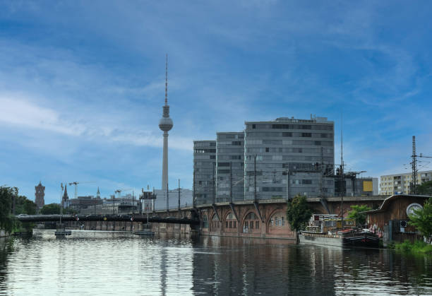 mid distant view of berlin funkturm (tv tower) at alexanderplatz - berlin radio tower imagens e fotografias de stock