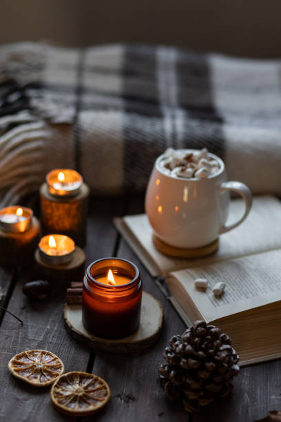 istock Autumn cozy home composition with hot chocolate with marshmallow and candles. Aromatherapy on a grey fall morning, atmosphere of cosiness and relax. Wooden background, books, close up. 1449868939