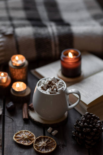 istock Autumn cozy home composition with hot chocolate with marshmallow and candles. Aromatherapy on a grey fall morning, atmosphere of cosiness and relax. Wooden background, books, close up. 1449868966