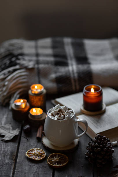 istock Autumn cozy home composition with hot chocolate with marshmallow and candles. Aromatherapy on a grey fall morning, atmosphere of cosiness and relax. Wooden background, books, close up. 1449868987