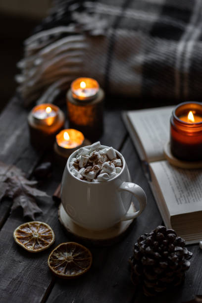 istock Autumn cozy home composition with hot chocolate with marshmallow and candles. Aromatherapy on a grey fall morning, atmosphere of cosiness and relax. Wooden background, books, close up. 1449868996
