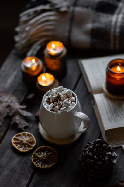 istock Autumn cozy home composition with hot chocolate with marshmallow and candles. Aromatherapy on a grey fall morning, atmosphere of cosiness and relax. Wooden background, books, close up. 1449869003