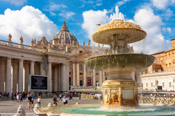 성 베드로 광장의 분수와 바티칸의 성 베드로 대성당 - statue st peters basilica fountain state of the vatican city 뉴스 사진 이미지