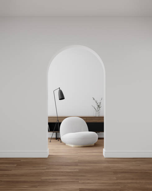istock Empty white arch wall with sofa and sideboard on wooden floor. 1449876079