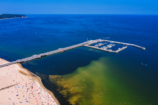 Aerial view of Molo sea pier in Sopot, Poland