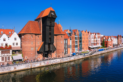Aerial view of Gdansk old town with Motlawa river in Poland