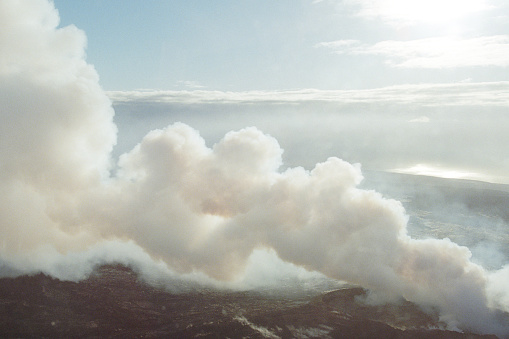 A vintage 1980s film photograph aerial view of the active volcanos in Hawaii Volcanoes National Park.